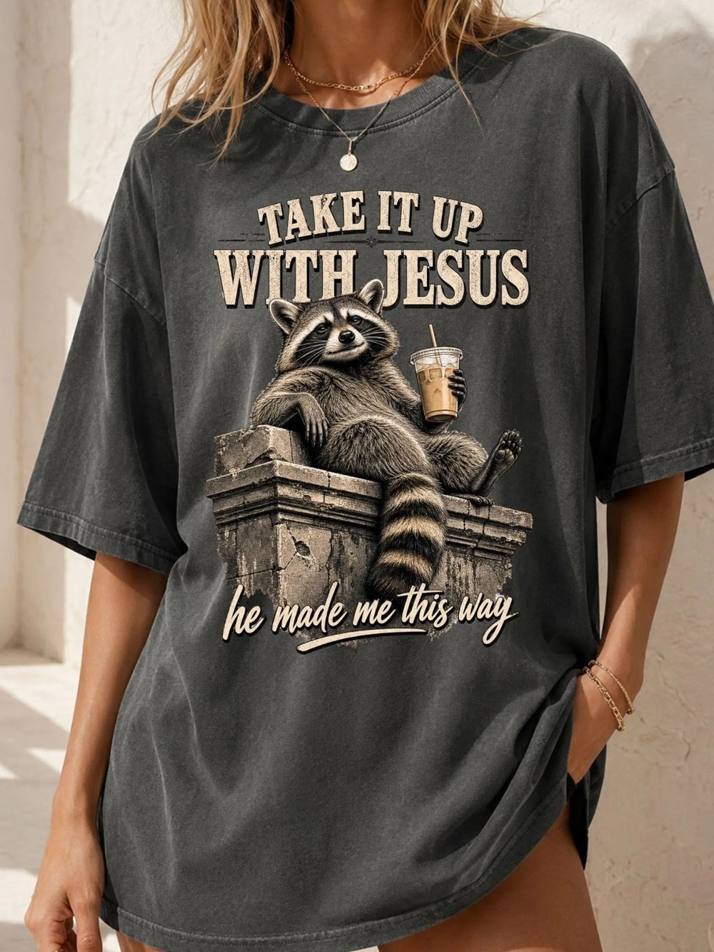 Comfort Colors Charcoal Graphic Tee - Raccoon 'Take It Up With Jesus'